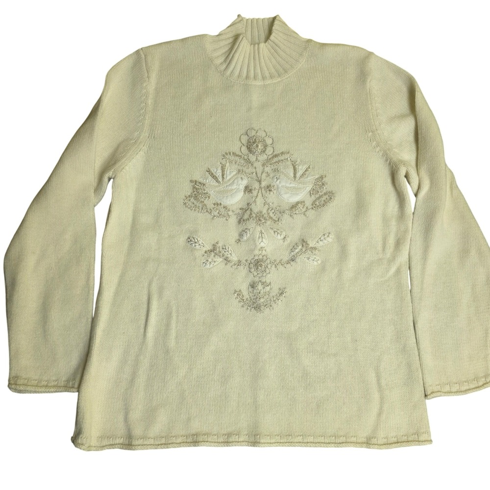 COLDWATER CREEK L Cream Rabbit Hair Mock‎ Neck Sweater Embroidered Cottagecore